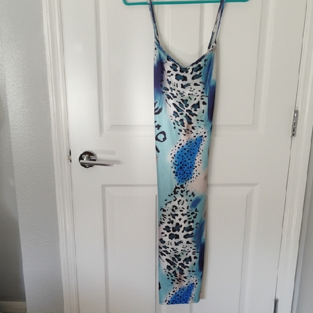 Blue Leopard Print Slip Dress